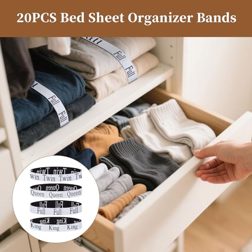 20PCS Bed Sheet Organizer Bands, Storage Labels and Sheet Keepers for Linen Closet - Elastic Bedding Straps for Foldable Bedsheet, Pillow Case, Duvet - color: Queen king twin full