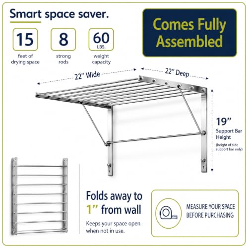 Smartsome | Wall Mounted Clothes Drying Rack | 22" Wide | 15 Linear Feet - size: 22 inches