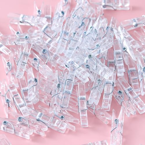 100 Pcs Clear Mini Clothespins 1.4 Inch Transparent Plastic Clips with 33 Ft Jute Twine Small Tiny Clips for Baby Shower Photos Christmas Cards DIY Crafts Party Decorations - color: Clear