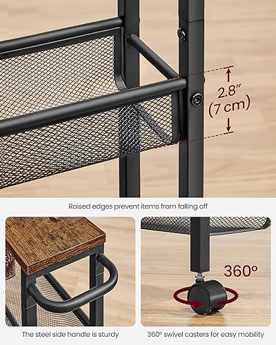 VASAGLE 5-Tier Slim Rolling Storage cart with Wheels, 5.1 Inches, Metal - color: Rustic Brown + Classic Black, size: 5 Tiers (5.1"D x 39.2"H)