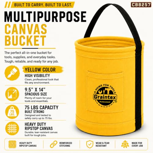 Graintex Canvas Utility Bucket 9.5"x14", Round Tool Bucket, Reinforced Base & Carry Handle, Ripstop Canvas, Ideal Multi-Purpose Bag for Jobsite, Gardening, Home Use, Tool Storage - Yellow - color: Yellow