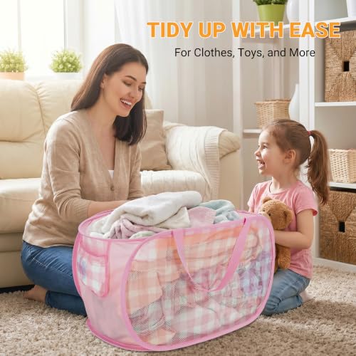 Sturdy Collapsible Laundry Baskets - Pop Up Laundry Hampers with Handy Pocket, Foldable Clothes Hamper with Reinforced Carry Handles for Bathroom, Kids Room, Dorm or Travel - Check Print, Pink - color: pink