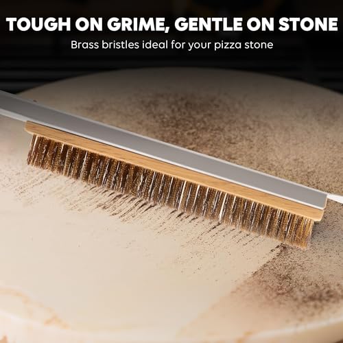 26'' Pizza Brush with Stainless Steel Stone Scraper - Brass Bristles - Wood Handle - Hanging Ring - Outdoor Pizza Oven Accessory - Compatible with Ooni, Gozney, Blackstone, Solo Stove Ovens - size: 26 Inch