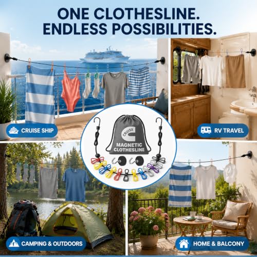 Magnetic Clothesline for Cruise Ship Cabin Approved, Strong Rubber Coated Non-Scratch Magnets, Travel Clothesline for Cruise Ship Essentials 2025