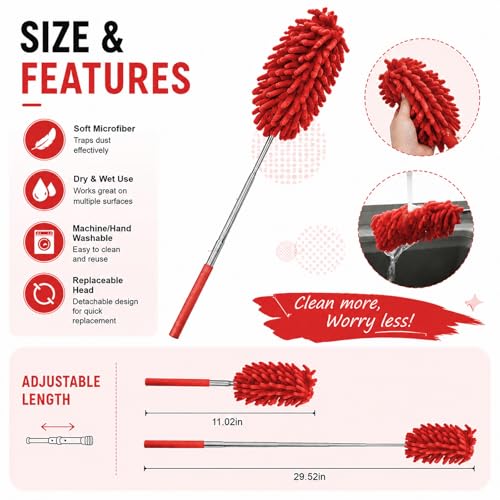 Microfiber Feather Duster with 30 in Telescoping Pole, Washable Chenille Head for Ceiling Fans, Blinds and Furniture, Red - color: Red