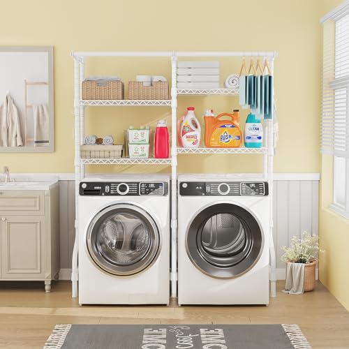 ULIFHOME U14 Medium Over the Washer and Dryer Shelves, 4 Tiers Laundry Room Storage and Organizer System, Space Saving Clothes Drying Rack with 2 Clothes Hanger Rods, 57.8"W x 20.5"D x 77.4"H, White - color: White, size: Medium