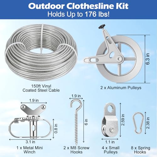 Clothesline Pulley Kit with Aluminum Pulley& 150ft 3/16" PVC Cable - size: 150FT Silvery