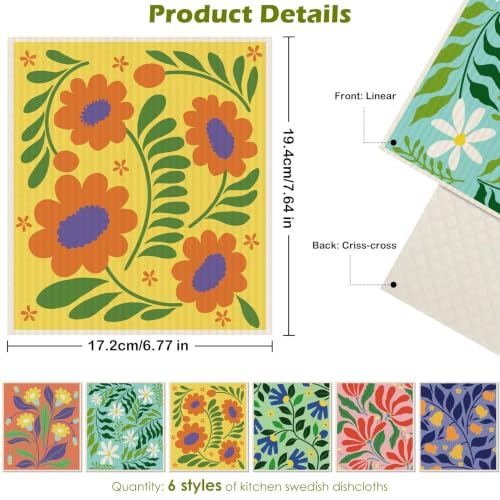 6 Pcs Swedish Paper Cloths for Kitchen, Reusable Paper Towels Washable - color: Bright Abstract Floral