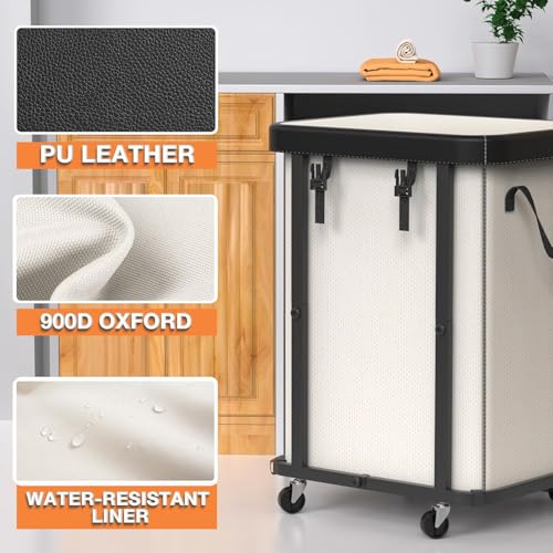 Laundry Basket with Wheels,150L Leather Patchwork Rolling Hamper Carts - color: Beige, size: 1 Section-150L