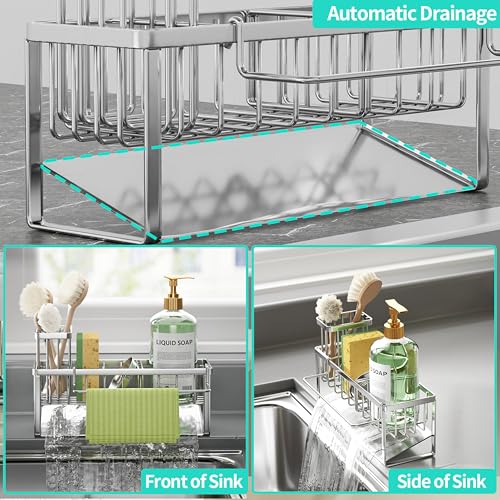 HapiRm Sponge Holder for Kitchen Sink - Self-draining Rustproof Organizer - color: Silver-Sloping, size: with Dishcloth Holder