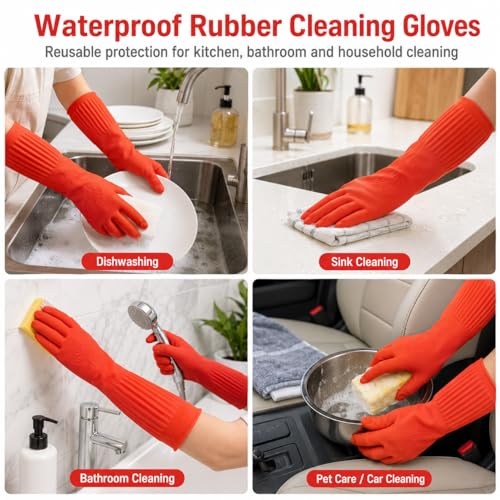 ThxToms 17" Rubber Dishwashing Gloves, Cotton Lined Kitchen Gloves, 2 Pairs - size: Large (Pack of 4)
