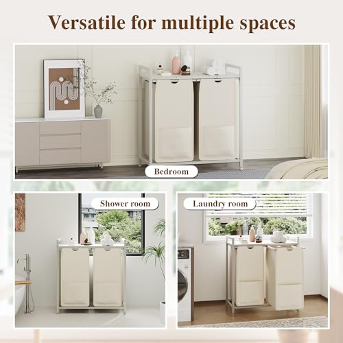 Laundry Sorter, 2 Section, 26.8x13x28.5 Inch - size: 2 Bags-97L / White + Beige