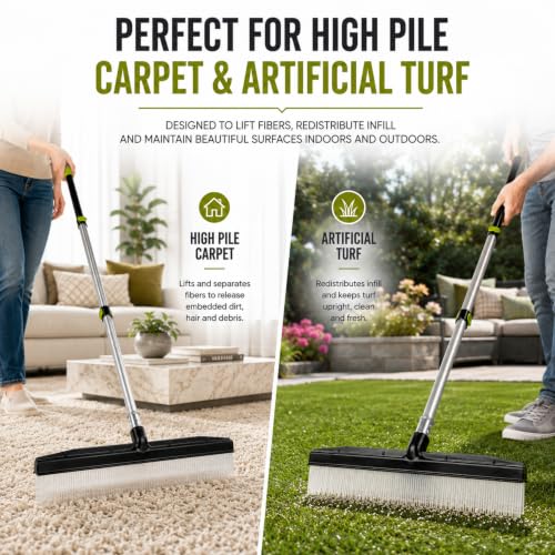 Room Groom Carpet Rake and Groomer with Telescoping 54 Inch Adjustable Handle, Portable Design, Carpet Brush Ideal for Pet Hair, Refreshing High Pile Carpets, Rugs, and Artificial Turf - style: Green Handle