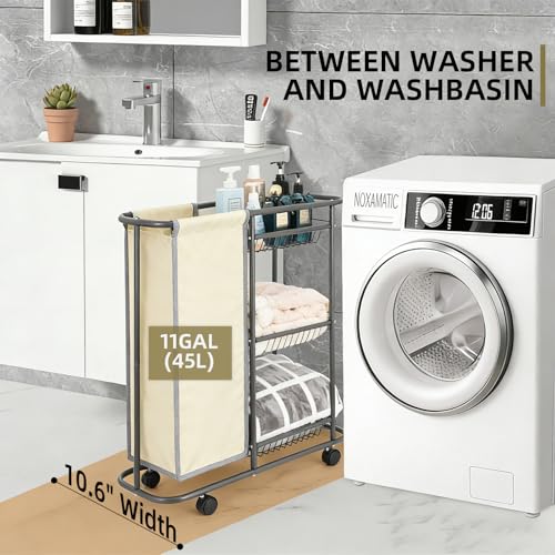 Between Washer & Dryer Laundry Cart, Narrow 3-Tier Rolling Hamper, 45L Bag - color: Beige
