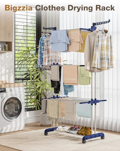 Bigzzia Clothes Drying Rack Folding with Wheels Drying Rack Clothing Clothes Horses Rack Stainless Steel Laundry Drying Rack with Two Side Wings 4 Tier Upgraded Grey Blue - color: Grey Blue(upgraded)