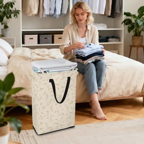 Yellow Small Floral Laundry Hamper Dirty Clothes Laundry Basket Bin for Bedroom Bathroom with Handles Slim Tall Collapsible Waterproof Freestanding 48L - color: Yellow Small Floral