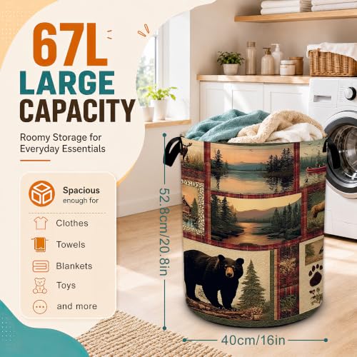 Cabin Bear Laundry Basket with Handles,Rustic Lodge Moose Deer Foldable Oxford Laundry Hamper,Collapsible Clothes Storage Basket for Laundry Room/Bathroom/Bedroom/Dormitories 20.8 x 16 Inches - color: Cabin Bear Rustic Lodge Moose Deer