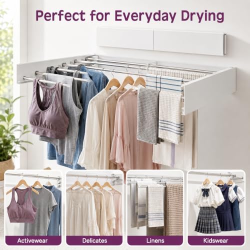 Wall Mounted Clothes Drying Rack, Foldable Retractable Laundry Rack with 5 Rods, 50 lb Capacity, Space Saving, White