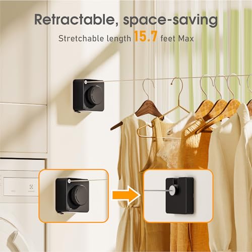 Retractable Heavy Duty Clothesline - Wall Mounted Indoor and Outdoor Laundry Drying Solution, 15.7ft Anti-Sagging Stainless Steel Rope (Black) - color: Black