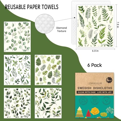 Swedish Dishcloths Reusable Paper Towels 6 Pack, Super Absorbent Washable Kitchen Towels, Biodegradable Quick Drying Dishwasher Safe, Watercolor Design Cleaning Cloths for Any Surface(Green Grass) - color: Greengrass Theme
