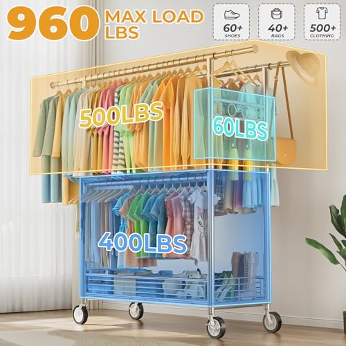 Heavy Duty Clothes Rack Load 960LBS, Three Rods Rolling Clothing Racks for Hanging Clothes, Rolling Garment Rack With Sturdy Wheels Shelves Hooks, Portable & Adjustable Commercial Garment Rack, Silver - color: Silver, size: 20.0" x 60.6" x 69.0"(3 Rods)