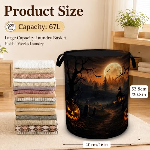 Halloween Pumpkin Night Laundry Basket with Handles, Foldable Tall Oxford Clothes Hamper, Lightweight Water-Resistant Storage Bin for Bedroom Bathroom College Dorm, 16 x 20.8 Inch - color: Halloween Pumpkin Night
