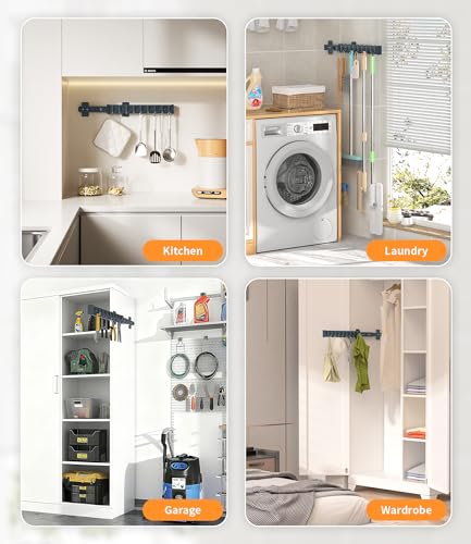 Pull Out Broom Holder With 9 Adjustable Row Sliding Hook-Dark Grey 16.14in - color: Dark grey, size: 41cm/16.14inch