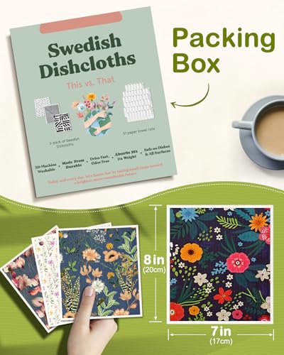 Miss Adola 8 Pack Reusable Kitchen Swedish Dishcloths for Washing Dishes - Absorbent Fast Drying Cleaning Sponge with Cute Flower Design - Washable Decor Cloths - color: 1-flowers