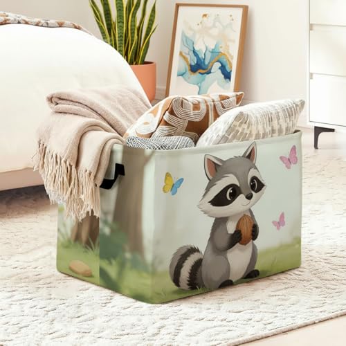 Raccoon Laundry Hamper with Handles,Large 56L Foldable Square Clothes Basket Multi‑Use Blanket Storage Bins for Organizing Books,Toys,Gifts,Room Decoration,Laundry Room,Dorm Nursery - color: Raccoon