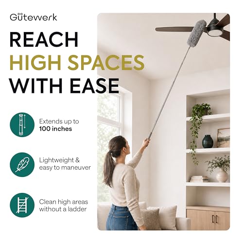 Gütewerk Cobweb Duster with 100" Extension Pole, 360° Bendable, Green - color: Gray, size: up to 100 inch