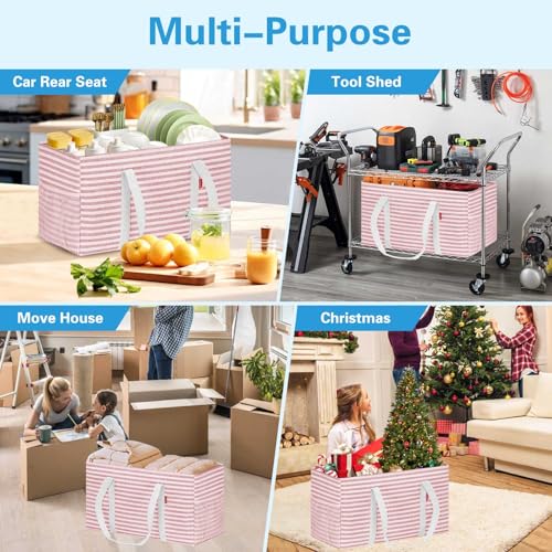 LHZK Standing Extra Large Utility Tote Bag with Metal Wire Frame and the Sides Rinforced, Extra Large Tote Bag with Handle, Reusable Grocery Bags Foldable, Beach Bag, Car Tote (Pink) - color: Pink, size: 22.5''x10.5''x12''-1 Pack