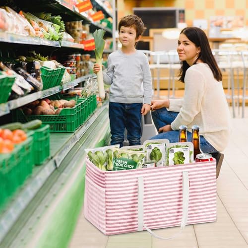 LHZK Standing Extra Large Utility Tote Bag with Metal Wire Frame and the Sides Rinforced, Extra Large Tote Bag with Handle, Reusable Grocery Bags Foldable, Beach Bag, Car Tote (Pink) - color: Pink, size: 22.5''x10.5''x12''-1 Pack