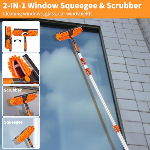 4-24 Ft High Reach Window Washing Kit with Extension Pole, Window Squeegee & Microfiber Scrubber, Ceiling Fan Duster & Feather Duster for High Ceiling, Furniture & Home Cleaning