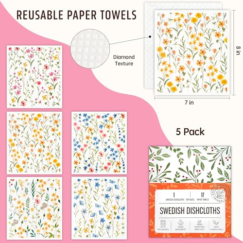 Swedish Dishcloths for Kitchen, 5 Pack Flowers Reusable Paper Towels Washable, Super Absorbent Swedish Dish Cloths, Biodegradable, Non-Scratch, No Odor - color: 5 Count- Watercolor Flowers