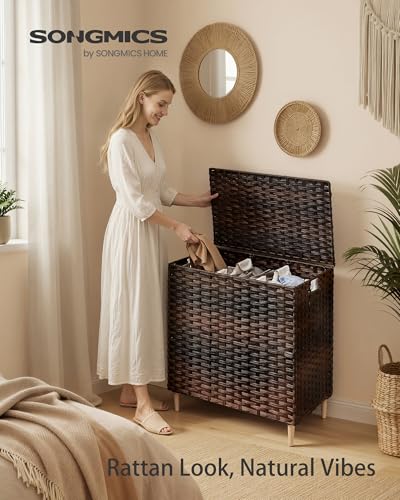 SONGMICS 3-Section Laundry Hamper with Lid, PE Rattan, 42 Gallons (160 L) - color: Chestnut Brown, size: 160 L (3 Basket)