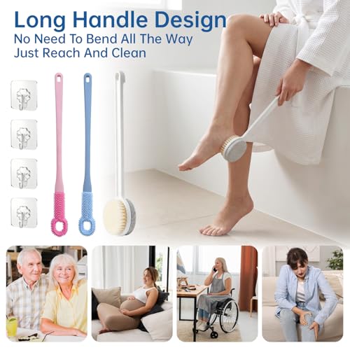 Foot Scrubber with Pumice Stone & 2 Pcs Toe Cleaning Brush, Long Handle Callus Remover for Feet, Toe Cleaning Brush for Dead Skin, Shower Foot Brush for Seniors, Elderly, Men Women (Include 4 Hooks)