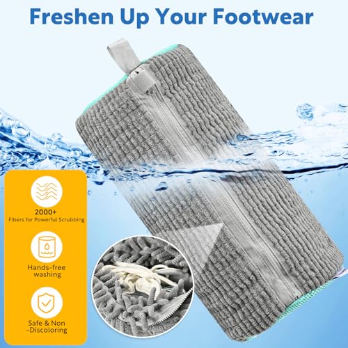 Shoe Bag for Washing Machine, Sneaker Cleaning Bag 2 PCS Set Grey, Fluffy Fiber Inside, Large Size Shoe Washing Machine Bag, 360 Laundry Bag for Tennis Gym Running Trainers Hiking