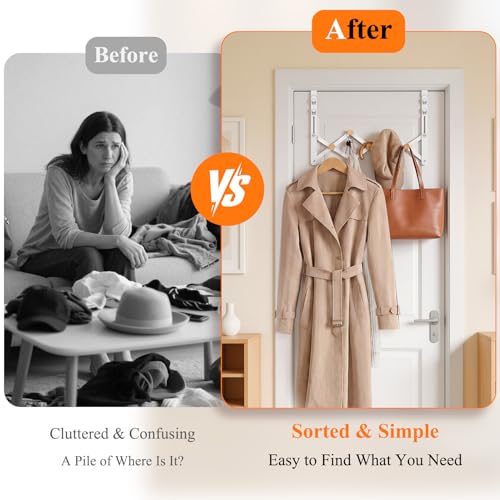 FYY Over The Door Hooks - Door Hanger Towel Rack Organizer, Collapsible No Drill Holder, Heavy Duty Easy to Install, Pads and Wooden Knobs, No-Scratch for Bathroom Clothes Coat Travel, Fit 1-3/4"