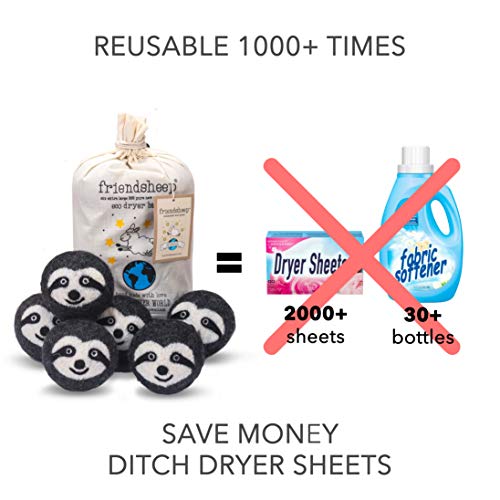 Friendsheep Wool Dryer Balls, Organic Reusable Fabric Softener Alternative for Laundry, Handmade, Fair Trade, Hypoallergenic, Eco-Friendly, Plastic-Free (6 Pack XL – Gray Sloth - Sloth Squad) - color: Sloth Squad, size: 1 Count (Pack of 6)