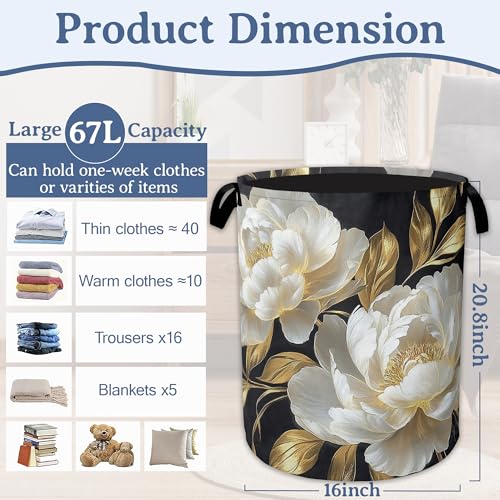 White Flowers Laundry Hamper With Handle,Foldable Oxford Cloth Glitter Blooming Laundry Basket,20.8"x16" Clothes Storage Basket for Laundry Room/Bedroom/Bathroom - color: White Flowers Glitter Blooming