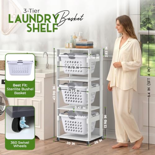 Laundry Basket Holder Shelf, Stackable Laundry Sorter (White, 3 Tier) - color: White, size: 3 Tier
