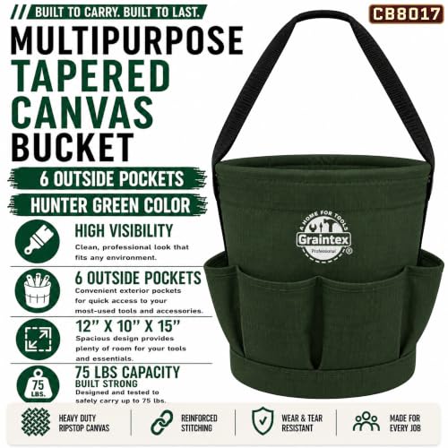 Graintex Tapered Canvas Bucket 12"x10"x15", Utility Tool Bucket 6 Pockets Outside, Reinforced Base & Carry Handle, Ripstop Canvas, Multi-Purpose Bag for Jobsite & Home Use (Hunter Green) - color: Hunter Green