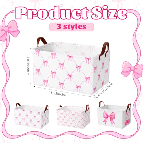 3 Pcs Pink Bow Storage Baskets for Gifts Empty Large, Coquette Room Decor, Toys Books Laundry Basket for Girls, Collapsible Canvas Fabric Pink Storage Bins With Handle for Bedroom Bathroom Nursery