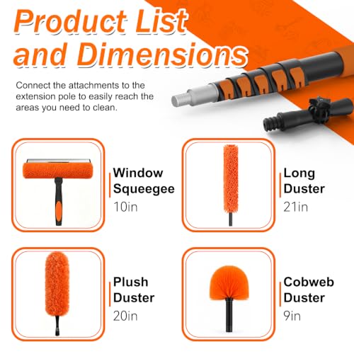 SISUPASSIE 30FT Reach High Ceiling Duster Kit, Window Cleaning kit with 5-24FT Extension Pole, Fan Duster for Ceiling Fan Blades, Microfiber Feather Duster, Rotatable Window Squeegee and Cobweb Duster - size: 24FT