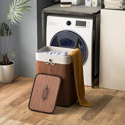 Giantex Bamboo Laundry Hamper with Lid Removable Liner & Handles - color: Brown