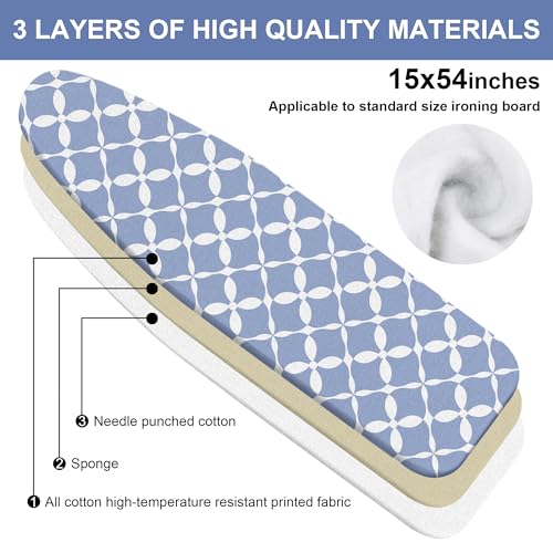 Minimalist Ironing Board Cover and Pad 15x54 Inch, 100% Cotton Surface Thick Iron Cover, Standard Size Ironing Board Covers, with Elastic Edge & 2 Hook & Loop Fastener Straps for Easy Installation - color: Blue01