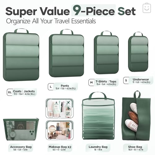 Veken 9/11 Set Compression Packing Cubes for Travel Essentials,Compressible Expandable Large Luggage Suitcase Organizer Bags for Clothing,Space Saver Bags with Over 1000 pcs of Mesh Holes(Dark Green) - color: Dark Green, size: 9 set