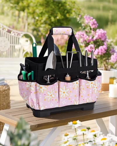 Marscamd Garden Tool Bag with Hard Bottom, Garden Tote with Shoulder Strap - color: Pink Sunflower