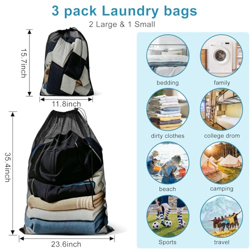 3 Pack Mesh Laundry Bags, 2 Large & 1 Small Breathable Mesh Laundry Bag, Drawstring & Tear Resistant Black Wash Bags for Home, Dorm, Travel & Camping