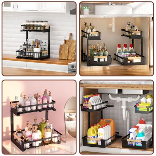 Under Sink Organizers and Storage, 2 Pack L-Shaped Pull Out Cabinet Organizer, 2 Tier Sliding Storage Rack with Adjustable Height, Metal Under Sink Shelf for Kitchen, Bathroom, Pantry, Black - color: Black-2 Pack